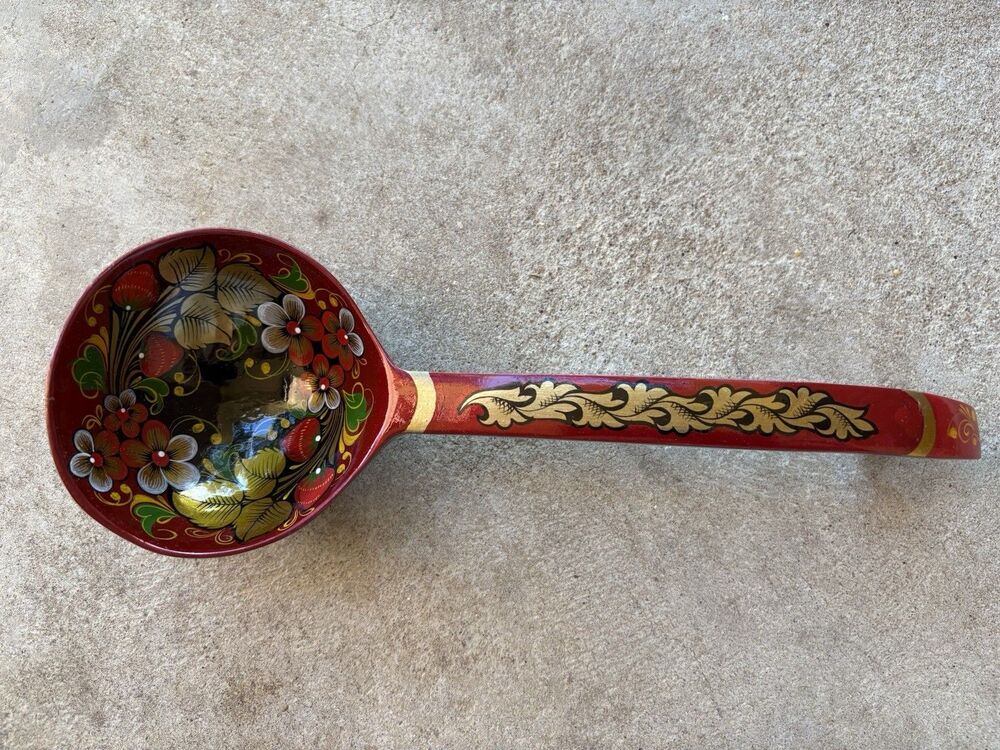 Vintage USSR Russian Khokhloma Handpainted Wooden Large Spoon Ladle 12" Signed